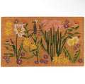 A rectangular coir doormat featuring a colorful embroidered-style wildflower pattern on a natural tan background.