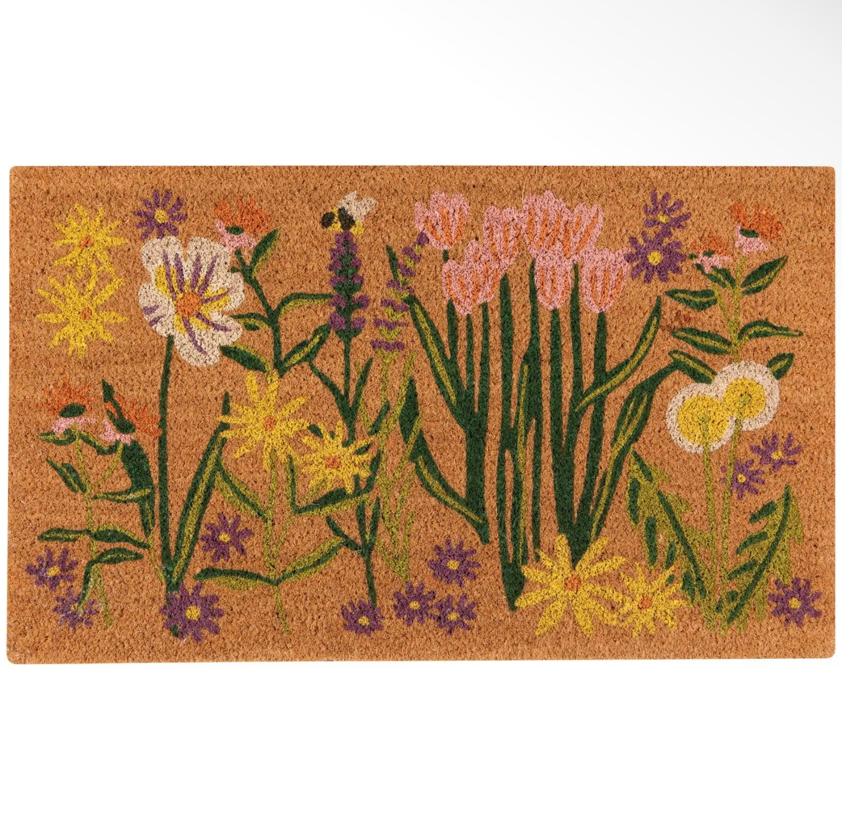 A rectangular coir doormat featuring a colorful embroidered-style wildflower pattern on a natural tan background.