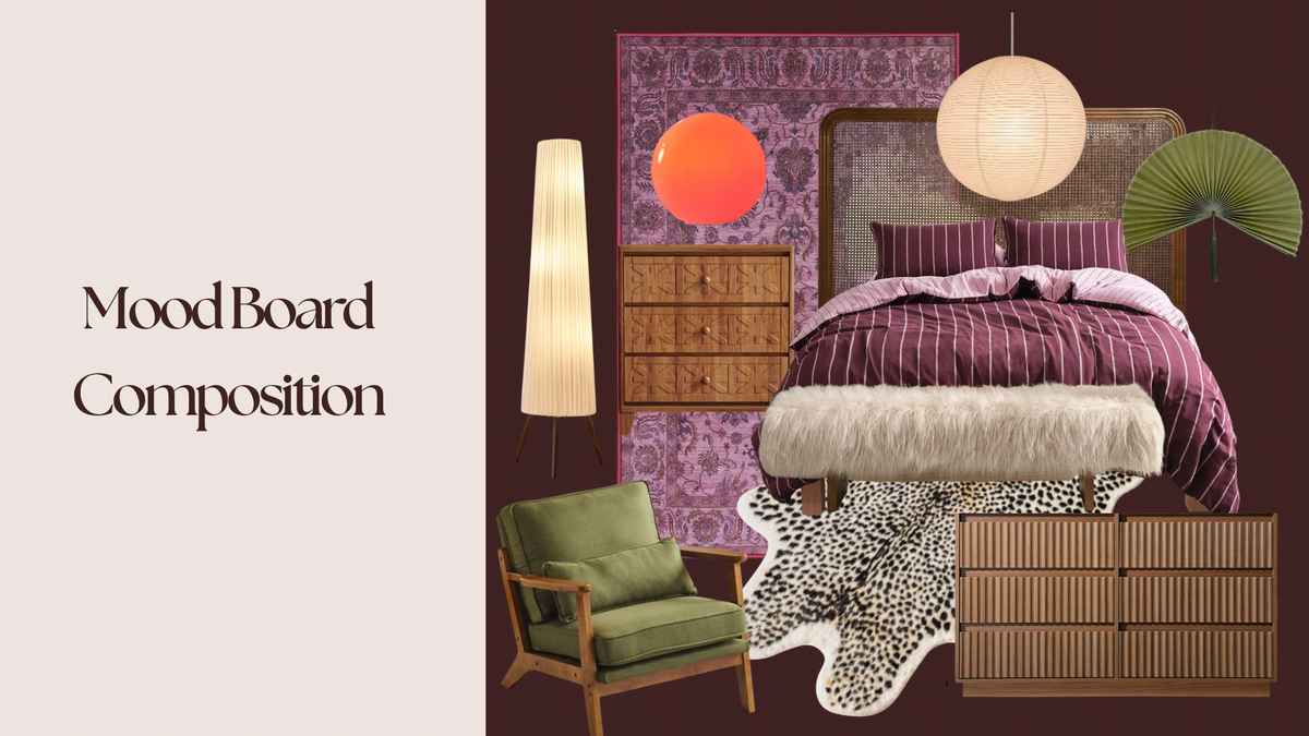 A styled bedroom mood board composition with a bed dressed in purple bedding, a green armchair, a wooden dresser, a floor lamp, a hanging pendant light, patterned wallpaper, and decorative wall art on a dark burgundy background.