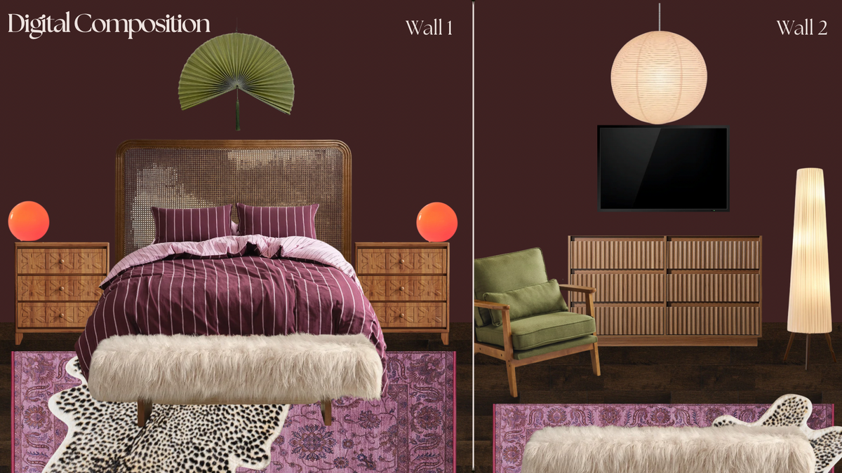 A digital interior design composition showing two bedroom wall treatments labeled Wall 1 and Wall 2. The left room has a bed with purple bedding, wooden nightstands, orange wall lights, a green fan, and a patterned rug. The second wall has a wooden, textured dresser with a green accent chair and rice paper floor lamp and lighting fixture.