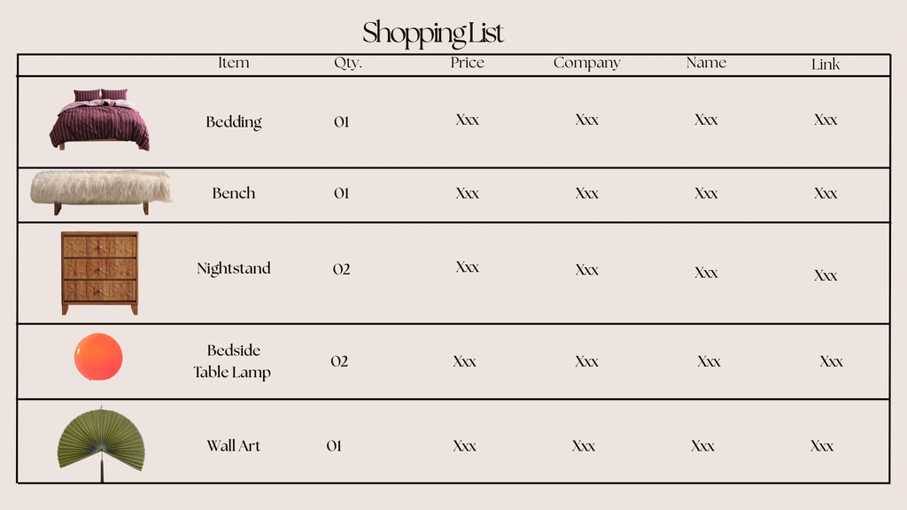 A shopping list table with placeholder text and small product thumbnails, including bedding, a bench, a nightstand, a table lamp, and wall art, on a beige background with the title 'ShoppingList'.