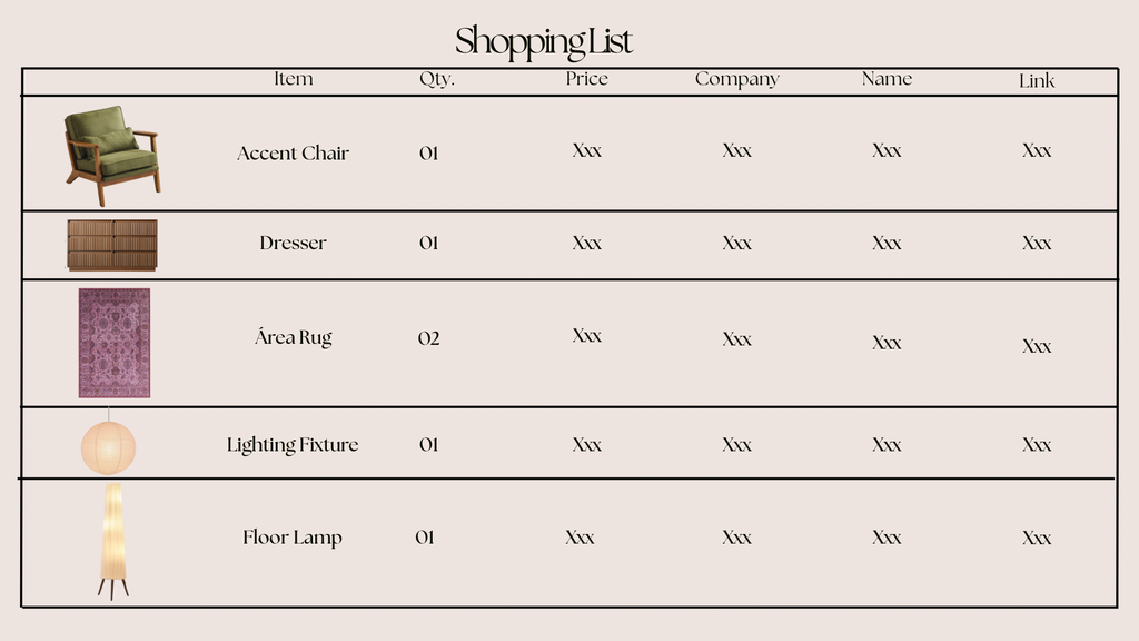 A shopping list table template with columns for Item, Qty, Price, Company, Name, and Link. The table has a beige background and includes placeholder furniture and decor images such as an accent chair, dresser, area rug, lighting fixture, and floor lamp.