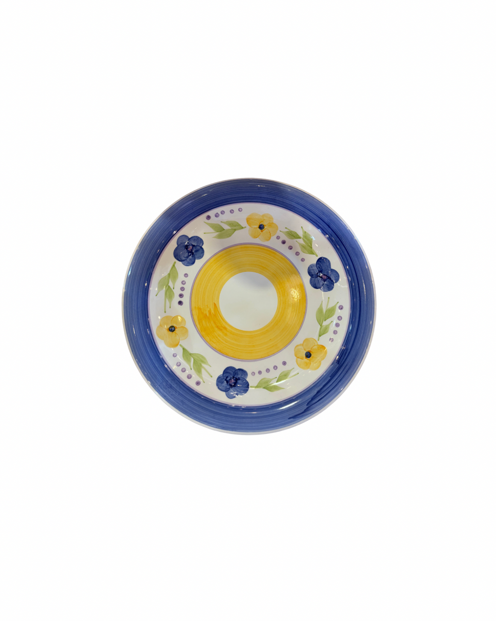 A round ceramic plate or dish with a hand-painted floral design, featuring a wide blue rim, a yellow center, and blue and yellow flowers with green leaves.
