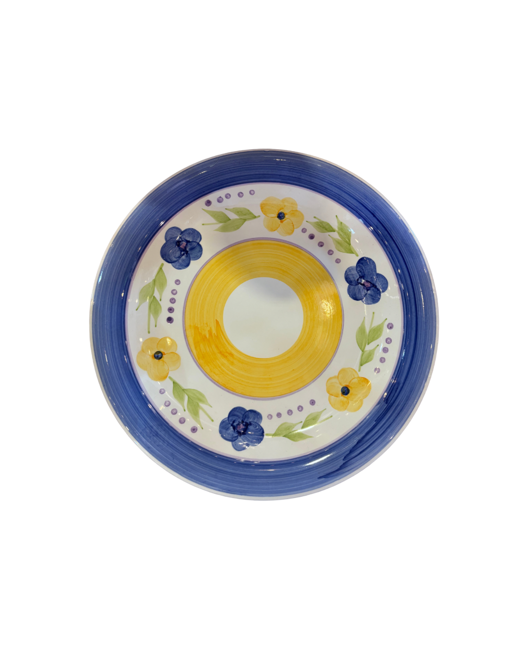 A round ceramic plate with a wide blue rim, featuring a yellow center and a white background decorated with blue and yellow flowers and green leaves.