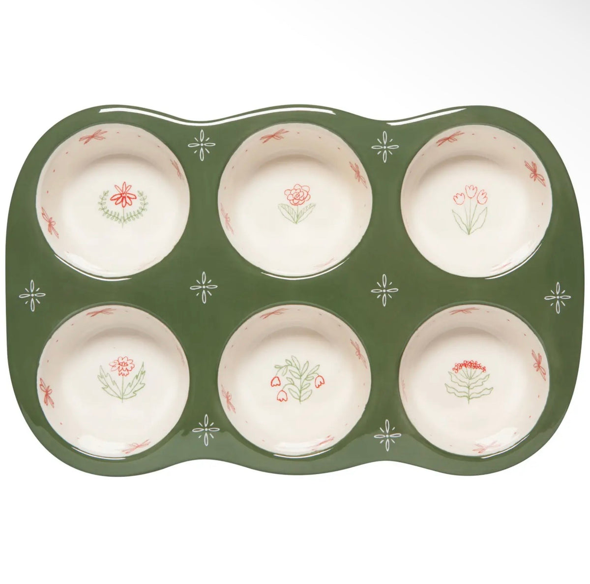 A six-piece ceramic muffin tin with a dark green base and cream-colored bowls decorated with delicate pink and green floral motifs.