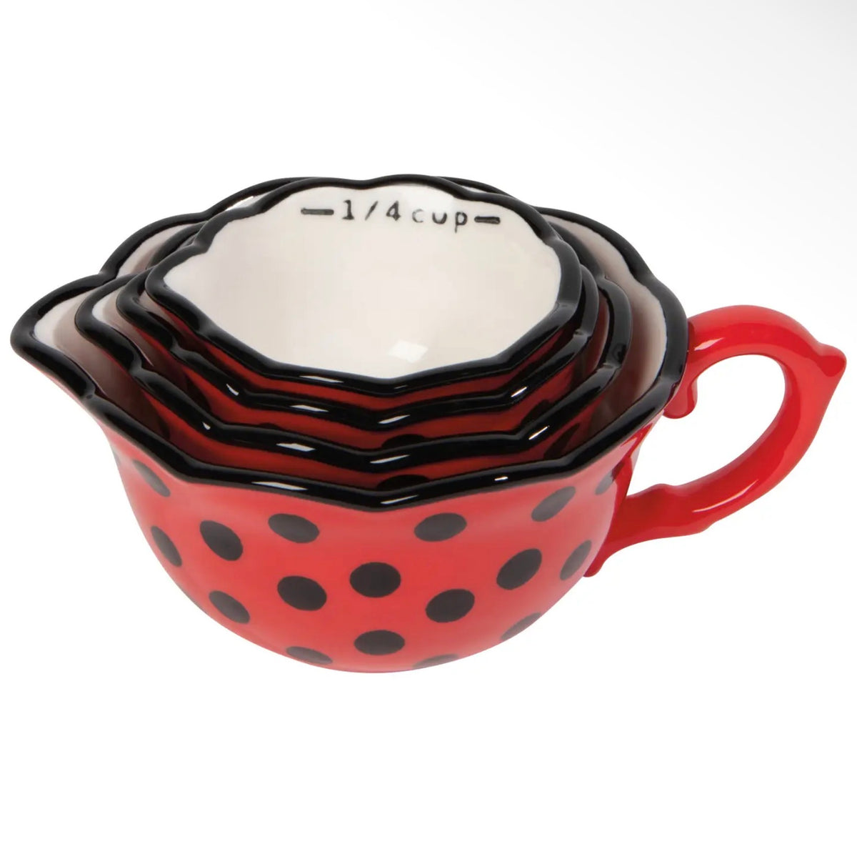 A set of nested measuring cups with a red and black ladybug-inspired design, featuring black polka dots on a red exterior, black scalloped rims, and a white interior with black printed cup measurements.